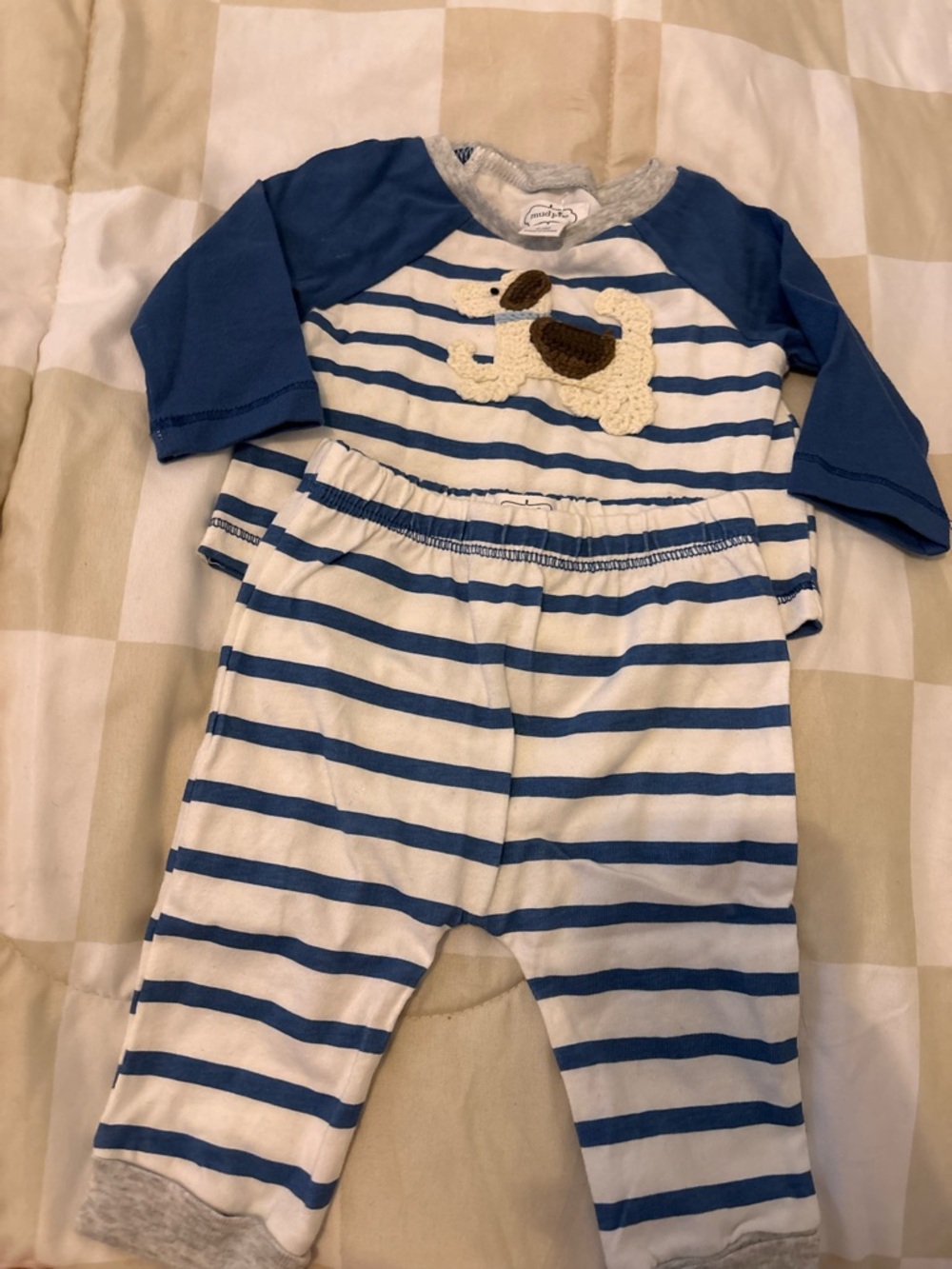 Blue and White Striped Baby One-Piece with Puppy